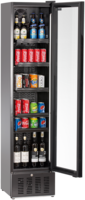 KBS Glastürkühlschrank 316 G in schwarzem Design, Frontansicht mit geöffneter Glastür, mehrere Getränke wie Bier, Cola, Fanta und Weinflaschen sichtbar, geeignet für Gastronomie, Bars und Verkaufsräume.