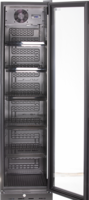 KBS Glastürkühlschrank 316 G, Frontansicht mit geöffneter Glastür, Sicht auf Innenraum mit fünf verstellbaren Drahtrosten, geeignet für Gastronomie, Bäckerei und Getränkeverkauf.