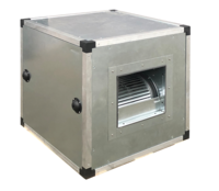 KBS Kompaktlüfter in würfelförmigem Metallgehäuse. Ansicht mit Sicht auf integrierten Radialventilator. Für leistungsstarke Luftförderung in Abluftsystemen von Großküchen.