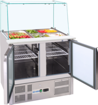 KBS Saladette 908, Frontansicht mit zwei T&uuml;ren aus Edelstahl, Glasaufbau und GN-Beh&auml;ltern, geeignet f&uuml;r Gastronomie, Pizzerien und Imbissbetriebe.