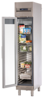 KBS EdelstahlKühlschrank Frontansicht mit geöffneter Glastür, Innenraum mit Lebensmitteln und GN-Behältern bestückt, ideal für Bäckereien und Gastronomie.