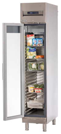 KBS Edelstahl-GlastürKühlschrank Frontansicht mit geöffneter Glastür, Innenraum mit Lebensmitteln und GN-Behältern, Einsatz für Gastronomie.