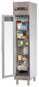 KBS Edelstahl-GlastürKühlschrank Frontansicht mit geöffneter Glastür, Innenraum mit Lebensmitteln und GN-Behältern, Einsatz für Gastronomie.