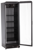 KBS Glastürkühlschrank 384 in geöffneter Frontansicht, schwarzes Gehäuse mit Glastür und mehreren schwarzen Drahtböden.