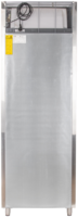 KBS Edelstahlkühlschrank KU 740 Rückansicht mit Metallrückwand, Lüftungsgitter und Netzkabel, geeignet für professionelle Küchennutzung.