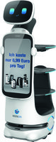 KBS Serviceroboter Dinerbot T10 in Nahaufnahme. Sichtbar ist der obere Teil mit animiertem Gesicht auf dem Bildschirm und dem Werbedisplay „Ich koste nur 8,99€ pro Tagf’. Drei beleuchtete Tabletts darunter – für Restaurantservice konzipiert.