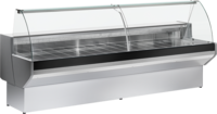 KBS Kühltheke Pablo, Frontansicht leer mit gebogener Glasaufsatzscheibe und schwarzer Blende. Klare Linienführung, ideal für Fleisch- und Käseauslagen. KBS Kühltheke Pablo, Frontansicht leer mit gebogener Glasaufsatzscheibe und schwarzer Blende. Klare Linienführung, ideal für Fleisch- und Käseauslagen.