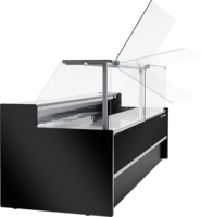 KBS Kühltheke Delio 3, Seitenansicht mit geöffnetem Glasaufsatz. Zeigt komfortablen Zugang zum Kühlbereich – ideal für den Thekenverkauf. KBS Kühltheke Delio 3, Seitenansicht mit geöffnetem Glasaufsatz. Zeigt komfortablen Zugang zum Kühlbereich – ideal für den Thekenverkauf.