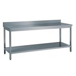KBS Arbeitstisch mit Edelstahloberfläche, hinterer Aufkantung und Stauraum. Perfekt für Arbeitsbereiche mit hohem Hygienestandard.