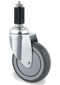 KBS Rollen-Kit 4 einzelne Lenkrolle mit grauem Vollgummirad und verzinktem Metallgehäuse. Ideal für mobile Geräte in Küchen, Lager oder Servicewagen. Gezeigt in Nahaufnahme von schräg vorne. KBS Rollen-Kit 4 einzelne Lenkrolle mit grauem Vollgummirad und verzinktem Metallgehäuse. Ideal für mobile Geräte in Küchen, Lager oder Servicewagen. Gezeigt in Nahaufnahme von schräg vorne.