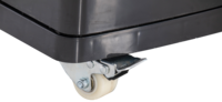 KBS Panoramavitrine RT-280 G, Detailaufnahme einer Lenkrolle mit Feststellbremse am schwarzen Gehäuseboden.