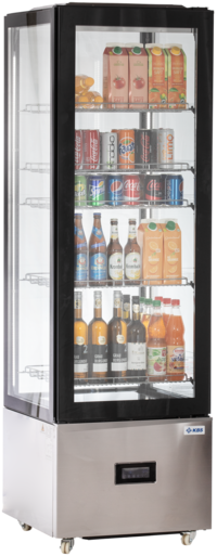 KBS Panoramavitrine Quad Basic, gefüllt mit Flaschen und Getränkekartons, geschlossene Frontansicht, für Gastronomie oder Einzelhandel. KBS Panoramavitrine Quad Basic, gefüllt mit Flaschen und Getränkekartons, geschlossene Frontansicht, für Gastronomie oder Einzelhandel.