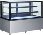 KBS Kühlvitrine Cube 150, freistehend mit Glasaufbau und zwei Glasetagen, Frontansicht, auf Rollen, ideal für Cafés und Bäckereien.