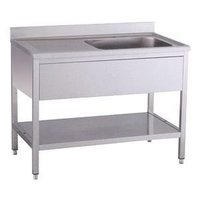KBS Spültisch mit rechtsseitigem Becken und extrabreiter Arbeitsplatte. Edelstahlkonstruktion mit unterer Ablagefläche, geeignet für professionelle Küchen. KBS Spültisch mit rechtsseitigem Becken und extrabreiter Arbeitsplatte. Edelstahlkonstruktion mit unterer Ablagefläche, geeignet für professionelle Küchen.